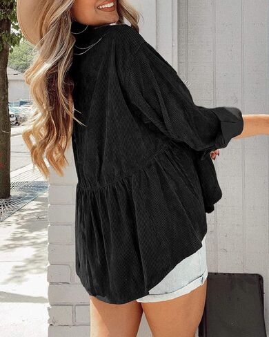 Ashuai Womens Corduroy Peplum Shacket Jacket Long Sleeve Button Down Babydoll Shirts Oversized Casual Blouses Tops in Kuwait