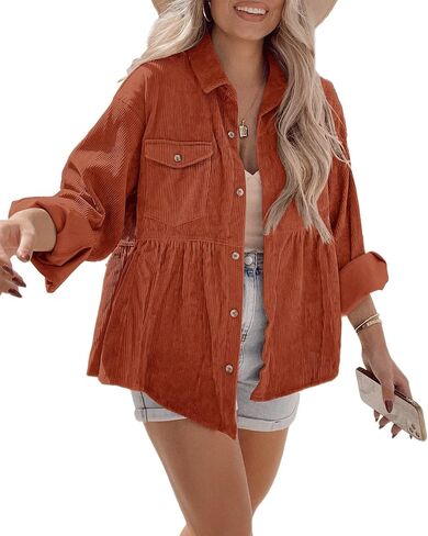 Ashuai Womens Corduroy Peplum Shacket Jacket Long Sleeve Button Down Babydoll Shirts Oversized Casual Blouses Tops in Kuwait