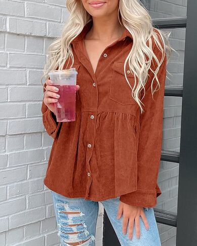 Ashuai Womens Corduroy Peplum Shacket Jacket Long Sleeve Button Down Babydoll Shirts Oversized Casual Blouses Tops in Kuwait