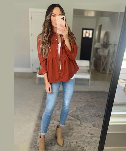 Ashuai Womens Corduroy Peplum Shacket Jacket Long Sleeve Button Down Babydoll Shirts Oversized Casual Blouses Tops in Kuwait