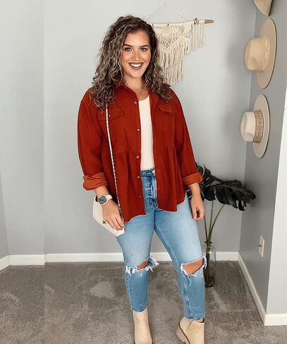 Ashuai Womens Corduroy Peplum Shacket Jacket Long Sleeve Button Down Babydoll Shirts Oversized Casual Blouses Tops in Kuwait
