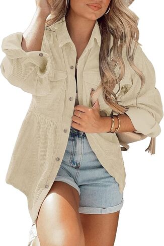 Ashuai Womens Corduroy Peplum Shacket Jacket Long Sleeve Button Down Babydoll Shirts Oversized Casual Blouses Tops in Kuwait