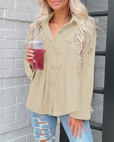 Ashuai Womens Corduroy Peplum Shacket Jacket Long Sleeve Button Down Babydoll Shirts Oversized Casual Blouses Tops in Kuwait