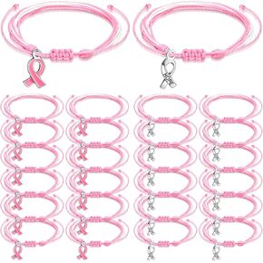 24 Pcs Breast Cancer Awareness Bracelets Adjustable Cord Bracelet Thread Pink Ribbon Breast Cancer Bracelet with Hope Faith Courage Friendship Support Breast Cancer Gift Party Favor Supplies for Women in Kuwait