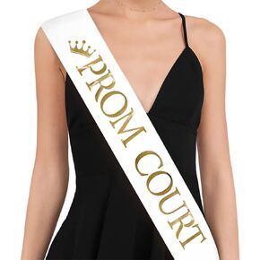 "PROM COURT" Sash - School Dance Graduation Party School Party Accessories, White with Gold Print