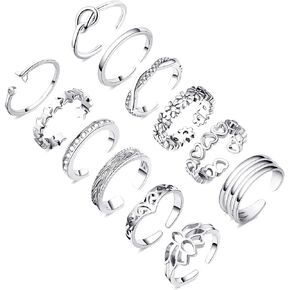 Honsny 12PCS 14K Gold Plated Toe Rings for Women Adjustable Band Rings Open Flower CZ Toe Ring Set Beach Foot Jewelry