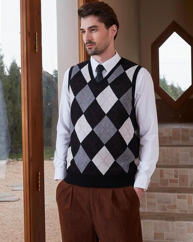 سترة Kallspin الرجالية Argyle Vest من الصوف المخلوط برقبة على شكل حرف V بدون أكمام in Kuwait
