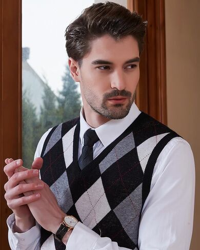 سترة Kallspin الرجالية Argyle Vest من الصوف المخلوط برقبة على شكل حرف V بدون أكمام in Kuwait