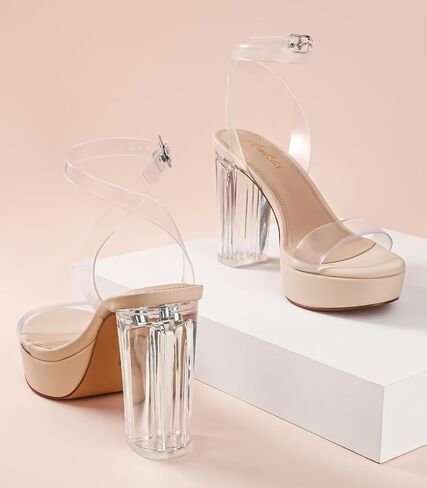 Ankis Platform Heels for Women 4 Inches Chunky Heels Sandals for Women Comfy Open Toe Block Heeled Sandals Nude White Silver Gold Black Ankle Strappy Heels in Saudi Arabia