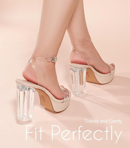Ankis Platform Heels for Women 4 Inches Chunky Heels Sandals for Women Comfy Open Toe Block Heeled Sandals Nude White Silver Gold Black Ankle Strappy Heels in Saudi Arabia