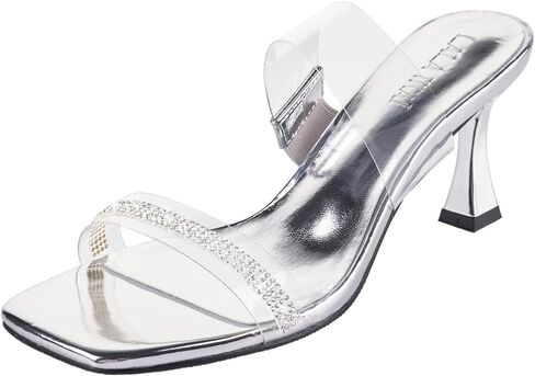 LALA IKAI Women's Clear Square Toe Sandals Rhinestone Open Toe Heels Two Strap Slip On Mules Party Wedding Dress Shoes in Kuwait