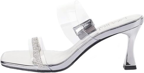 LALA IKAI Women's Clear Square Toe Sandals Rhinestone Open Toe Heels Two Strap Slip On Mules Party Wedding Dress Shoes in Kuwait