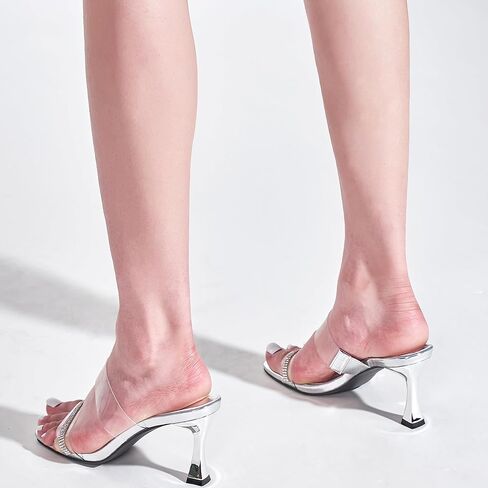 LALA IKAI Women's Clear Square Toe Sandals Rhinestone Open Toe Heels Two Strap Slip On Mules Party Wedding Dress Shoes in Kuwait