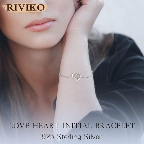 RIVIKO Heart Initial Bracelets for Women, 925 Sterling Silver Dainty Letter Bracelets , Personalized Initial Charm Alphabet Jewelry Valentines Christmas Anniversary Mother’s Day Birthday Graduation Gifts for Women Girls Her Mom Wife Lady in Kuwait