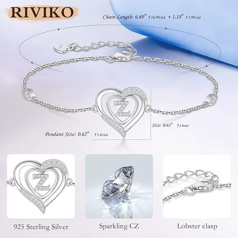 RIVIKO Heart Initial Bracelets for Women, 925 Sterling Silver Dainty Letter Bracelets , Personalized Initial Charm Alphabet Jewelry Valentines Christmas Anniversary Mother’s Day Birthday Graduation Gifts for Women Girls Her Mom Wife Lady in Kuwait