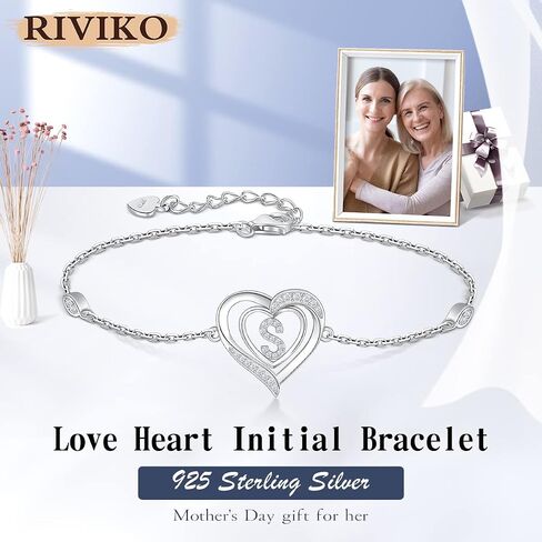 RIVIKO Heart Initial Bracelets for Women, 925 Sterling Silver Dainty Letter Bracelets , Personalized Initial Charm Alphabet Jewelry Valentines Christmas Anniversary Mother’s Day Birthday Graduation Gifts for Women Girls Her Mom Wife Lady in Kuwait