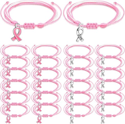 24 Pcs Breast Cancer Awareness Bracelets Adjustable Cord Bracelet Thread Pink Ribbon Breast Cancer Bracelet with Hope Faith Courage Friendship Support Breast Cancer Gift Party Favor Supplies for Women in Kuwait