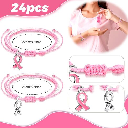 24 Pcs Breast Cancer Awareness Bracelets Adjustable Cord Bracelet Thread Pink Ribbon Breast Cancer Bracelet with Hope Faith Courage Friendship Support Breast Cancer Gift Party Favor Supplies for Women in Kuwait