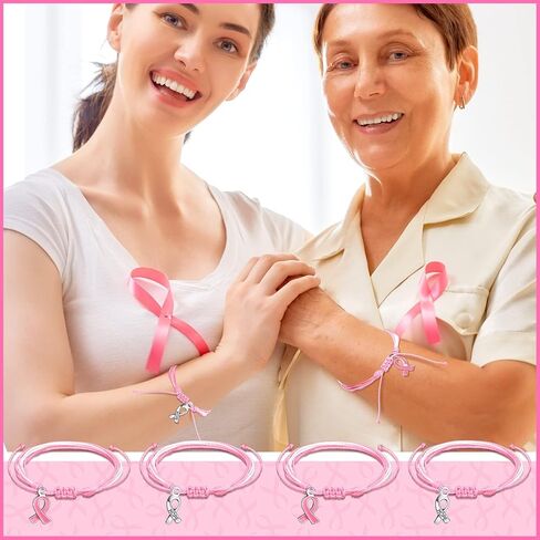 24 Pcs Breast Cancer Awareness Bracelets Adjustable Cord Bracelet Thread Pink Ribbon Breast Cancer Bracelet with Hope Faith Courage Friendship Support Breast Cancer Gift Party Favor Supplies for Women in Kuwait