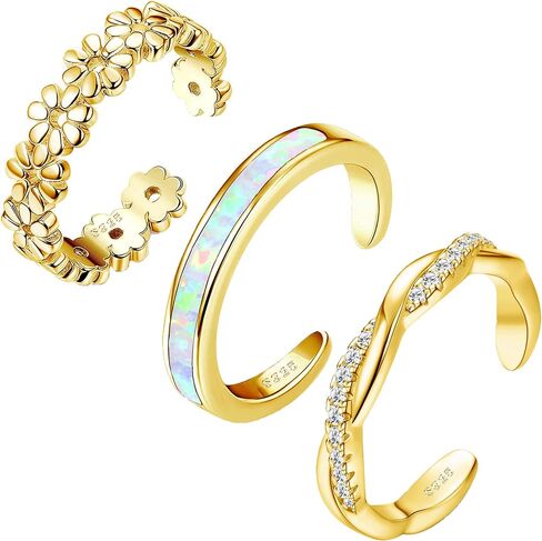 FIASASO 3Pcs 925 Sterling Silver Toe Rings for Women Adjustable 14K White Gold Plated Flower Twist Opal Band Rings Summer Beach Open Toe Rings Foot Jewelry Set in Kuwait