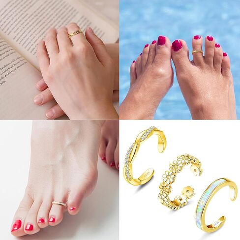 FIASASO 3Pcs 925 Sterling Silver Toe Rings for Women Adjustable 14K White Gold Plated Flower Twist Opal Band Rings Summer Beach Open Toe Rings Foot Jewelry Set in Kuwait