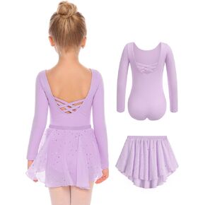 Zaclotre Girls Ballet Leotards Toddler Long Sleeve Crisscross Back Dance Dress Outfit with Removable Shiny Skirt Combo