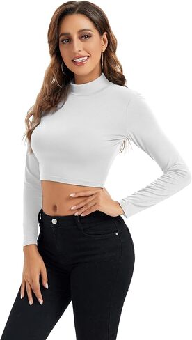 Womens Long Sleeve Crop Tops Lightweight Mock Neck Base Layer Shirts in Kuwait