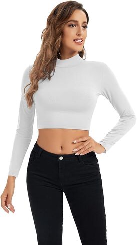 Womens Long Sleeve Crop Tops Lightweight Mock Neck Base Layer Shirts in Kuwait