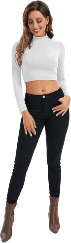 Womens Long Sleeve Crop Tops Lightweight Mock Neck Base Layer Shirts in Kuwait