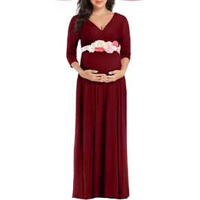 فستان KIM S طويل للحمل مع وشاح زهور (S-3XL)/ملفوف مكشكش ورقبة على شكل حرف V لالتقاط الصور فساتين استحمام الطفل in Kuwait