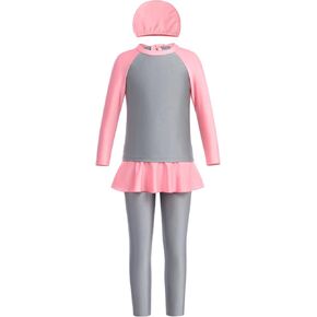 Girl Burkini Swimsuits Modest Muslim Islamic Long Sleeve Rash Guard Full Cover Hijab Top Skirted Swim Capris ​Swimwear