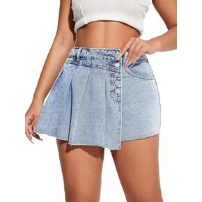 WDIRARA Women's Wrap Button Front Asymmetrical Hem Denim Skort Pocket Skirt Shorts