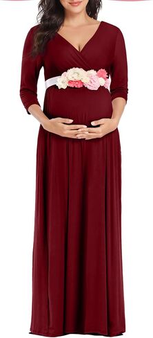 KIM S Maternity Maxi Dress for Baby Shower and Photoshoot | V neck, Empire waist, Flowy A line fit, Sizes S-3XL in Saudi Arabia