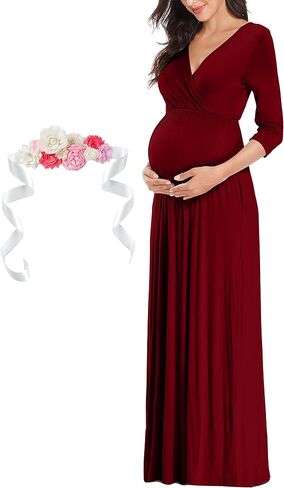 KIM S Maternity Maxi Dress for Baby Shower and Photoshoot | V neck, Empire waist, Flowy A line fit, Sizes S-3XL in Saudi Arabia