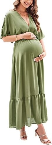 STYLEWORD Women's 2026 Summer Maternity Dress Short Sleeve V Neck Tiered Boho Flowy Long Maxi Dress in Saudi Arabia