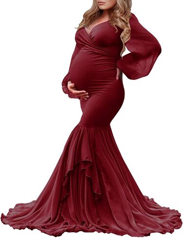 Saslax Long Chiffon Sleeve Tired Mermaid Maternity Dress for Photoshoot Photography Baby Shower in Kuwait