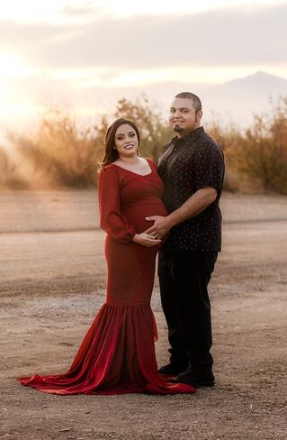 Saslax Long Chiffon Sleeve Tired Mermaid Maternity Dress for Photoshoot Photography Baby Shower in Kuwait