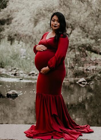 Saslax Long Chiffon Sleeve Tired Mermaid Maternity Dress for Photoshoot Photography Baby Shower in Kuwait