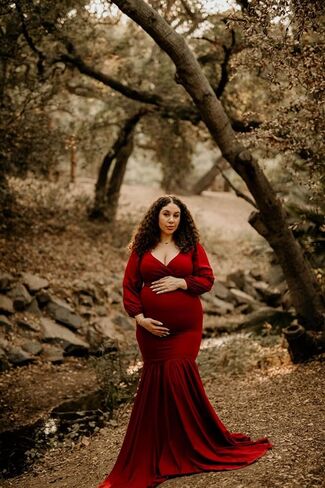 Saslax Long Chiffon Sleeve Tired Mermaid Maternity Dress for Photoshoot Photography Baby Shower in Kuwait