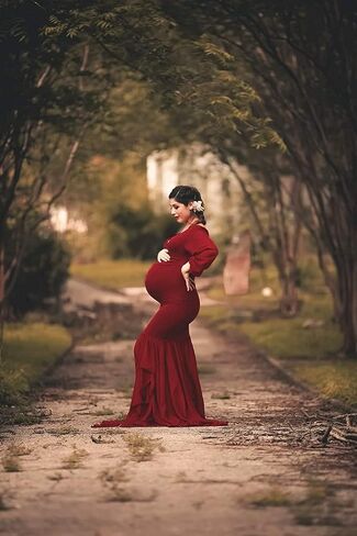 Saslax Long Chiffon Sleeve Tired Mermaid Maternity Dress for Photoshoot Photography Baby Shower in Kuwait