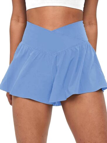 COPYLEAF Crossover Flowy Shorts for Women 2 in 1 Athletic Butterfly Running Shorts Tennis Gym Workout Shorts with Pocket in Saudi Arabia