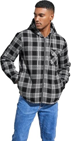 Elesuit Men's Full Zip Fleece Flannel Jackets Shirt Plaid Cotton Hoodies Soft Warm Coat for Men with Hood in Kuwait