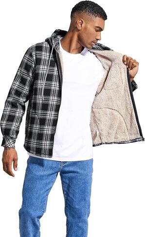 Elesuit Men's Full Zip Fleece Flannel Jackets Shirt Plaid Cotton Hoodies Soft Warm Coat for Men with Hood in Kuwait