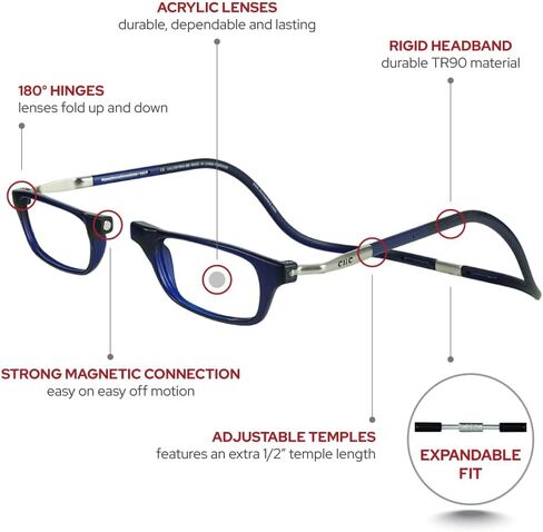 Clic Magnetic Reading Glasses, Adjustable Temple Computer Readers, Original Expandable, (M-XL, Black, 1.50 Magnification) in Kuwait
