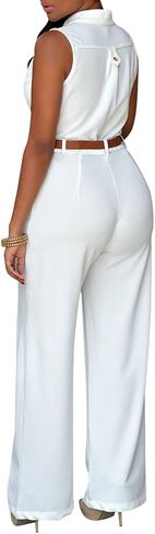 Pink Queen Women's Button Up Printed Long Wide Leg Pant Party Jumpsuits with Belt in Saudi Arabia