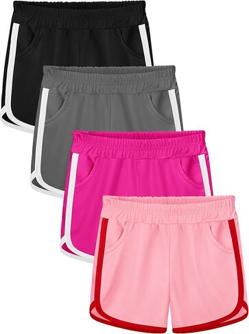 Poroka 4 قطع من شورتات الجري للفتيات، شورت رياضي دولفين، شورت رياضي سريع الجفاف مع جيوب in Kuwait
