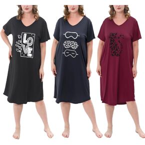 FEREMO 3 Pack Plus Size Women's Nightgown Soft Print Nightshirts for Women Short Sleeve Sleepwear