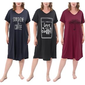 FEREMO 3 Pack Plus Size Women's Nightgown Soft Print Nightshirts for Women Short Sleeve Sleepwear