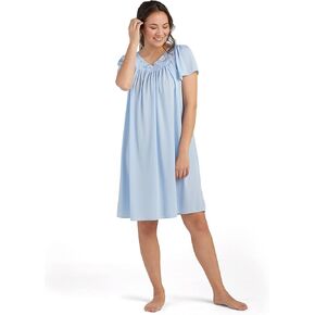 Miss Elaine Nightgown - Women's Short Tricot Nightgown, Flutter Sleeves and Premium Lightweight Fabric, Embroidered Neckline
