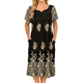 فساتين Bloggerlove House للنساء مع جيوب Mumu Duster Housecoat فستان فناء قصير الأكمام S-XXL in Kuwait